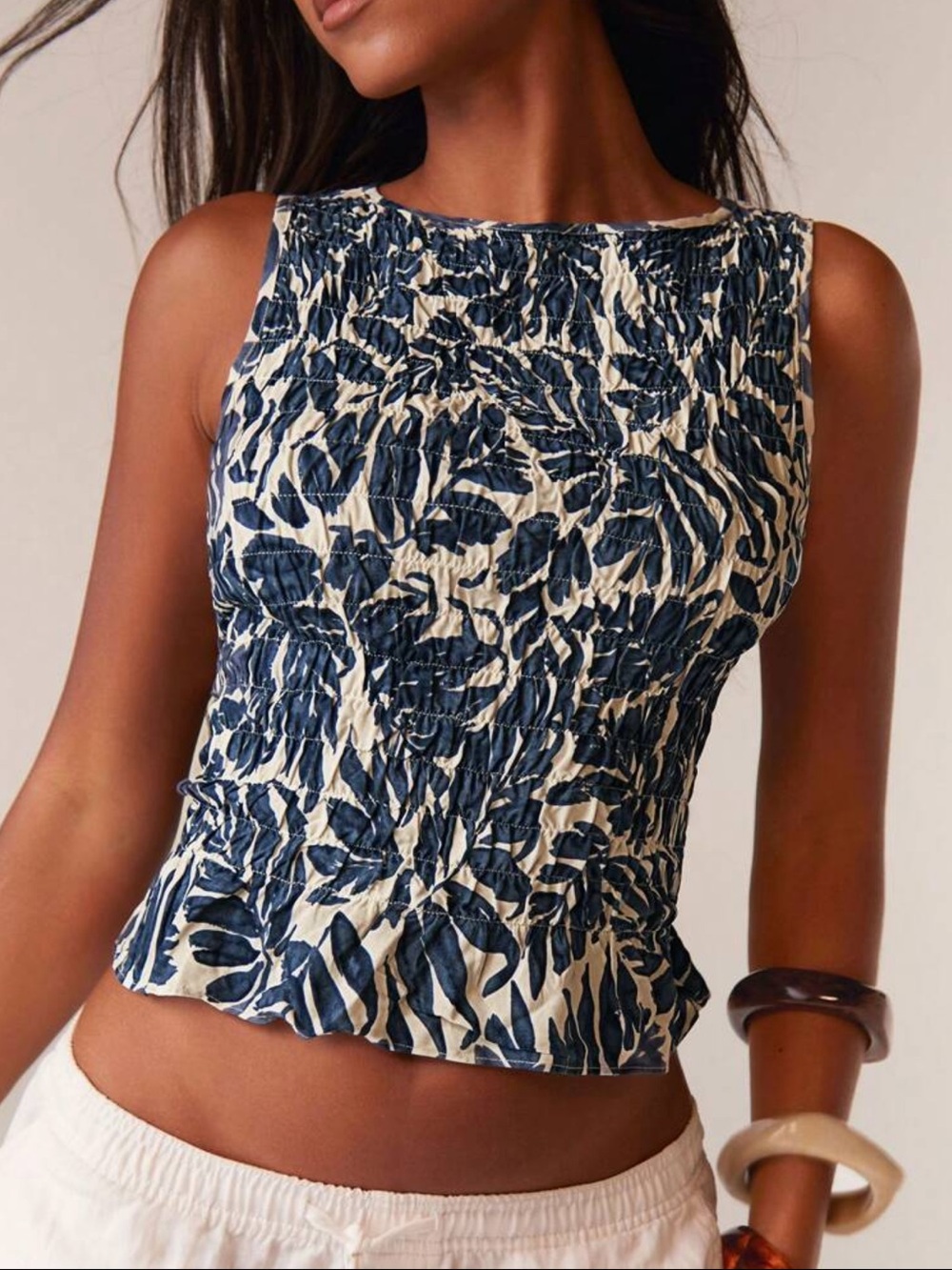 Women’s Navy Leaf-Print Stretchy Smocked Tank Top